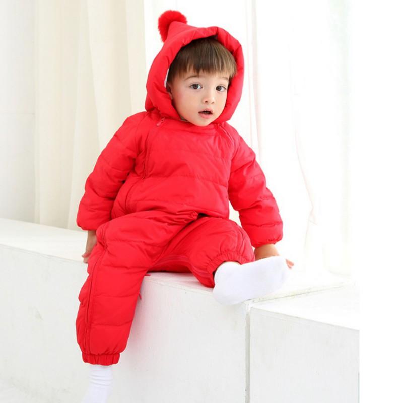 Зимний детский комбинезон с капюшоном, цельный комбинезон на молнии с помпоном, перчатки и чехлы для ножек для девочек и мальчиков