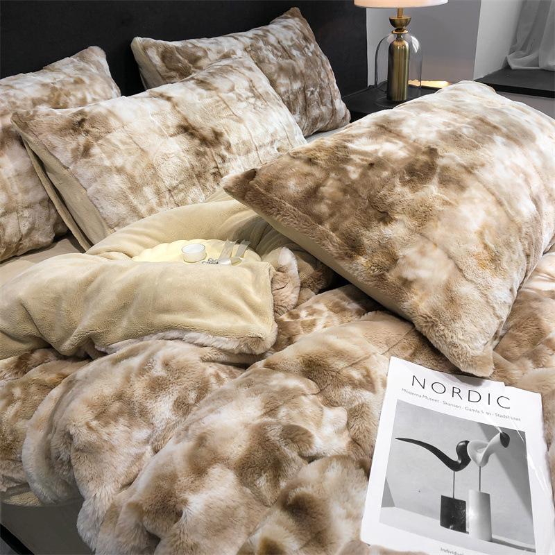 Solid Color Rabbit Fleece Four-Piece Set, Thickened Milk Fleece Bed Sheet Quilt Cover, Three-Piece Bed Set, Fleece Quilt Cover