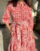 HandBlock Print Dress Jaipur Morni Cotton Summer Midi Dress White Coral Cotton Shirt Dress with Belt,pockets