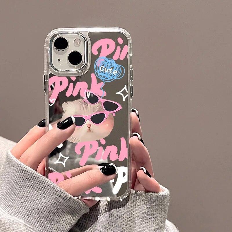 Korean Cute Cartoon Cat Mirror Phone Case For iPhone 15 Pro Case iPhone 14 11 12 13 Pro Max X XS XR Shockproof Love Heart Cover