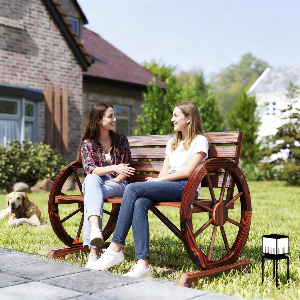 Wagon Wheel Chair Bench Armrest Rustic Loveseat Wood Outdoor Garden