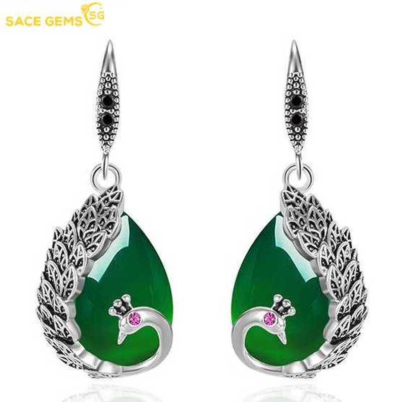 Sace Gems Серьги с зеленым агатом в национальном стиле, женские серьги с красным корундом, павлином, зеленым халцедоном, серьги в дворцовом стиле, ретро-украшения