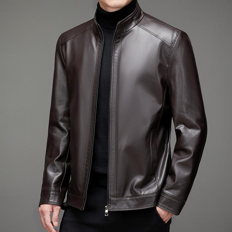 Autumn and Winter New Men's Leather Jacket Business Casual Stand-up Collar Fleece Thickened Leather Jacket Men's Jacket Plus Size