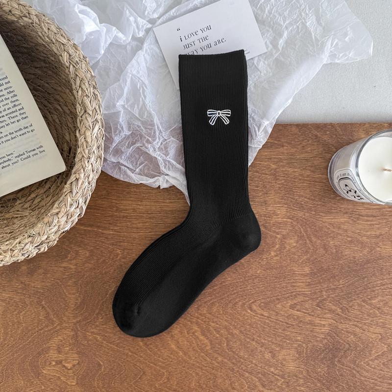 Solid Color Style Double Needle Simple Stacked Socks Medium Tube Socks Girls' Stockings Embroidered Bow Boneless Vertical Strips