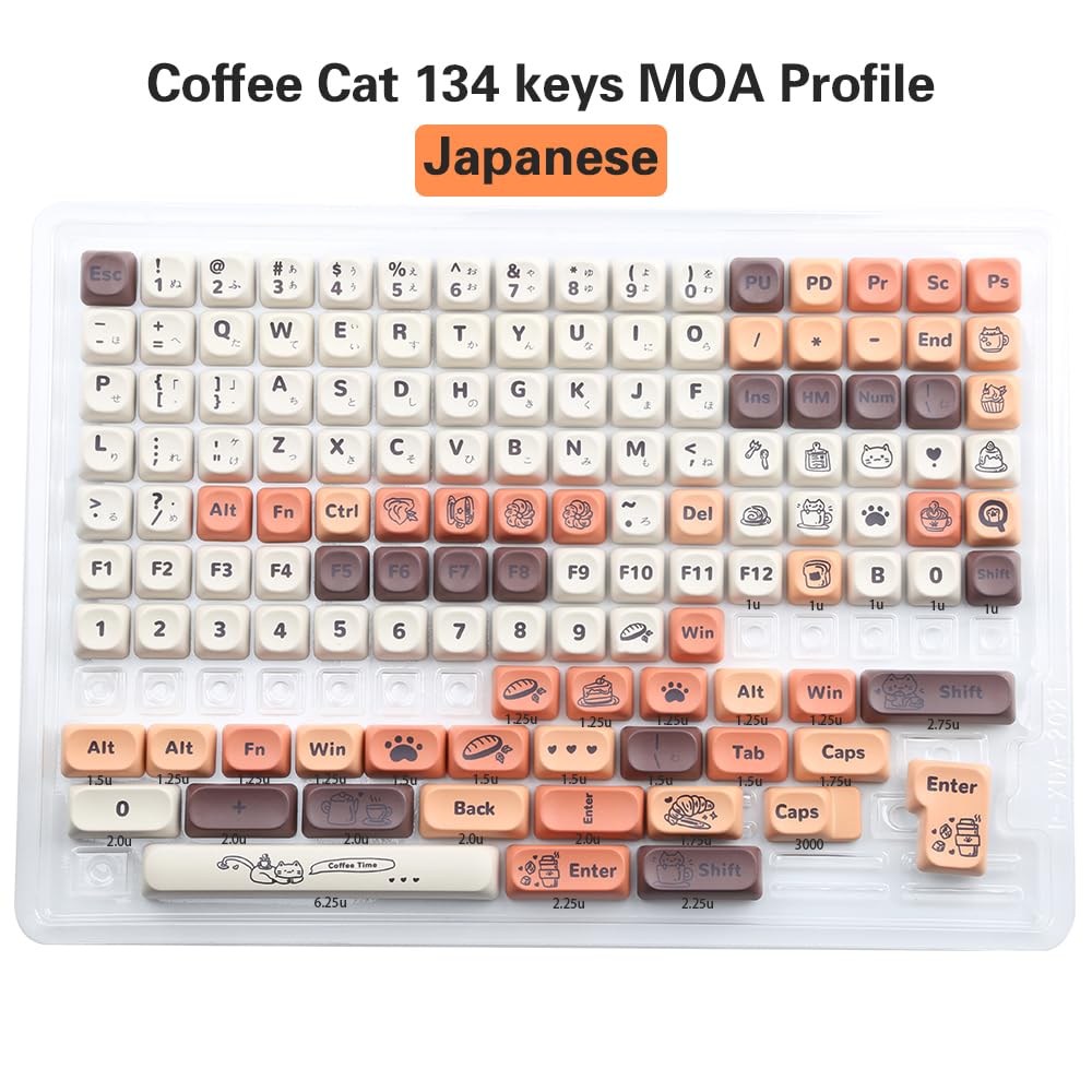 134Keys PBT Keycaps Coffee Cat Theme MOA Profile Keycaps 5 Sides Dye Sublimation Keycaps for Mechanical Keyboard 60% 65% 75% 100%