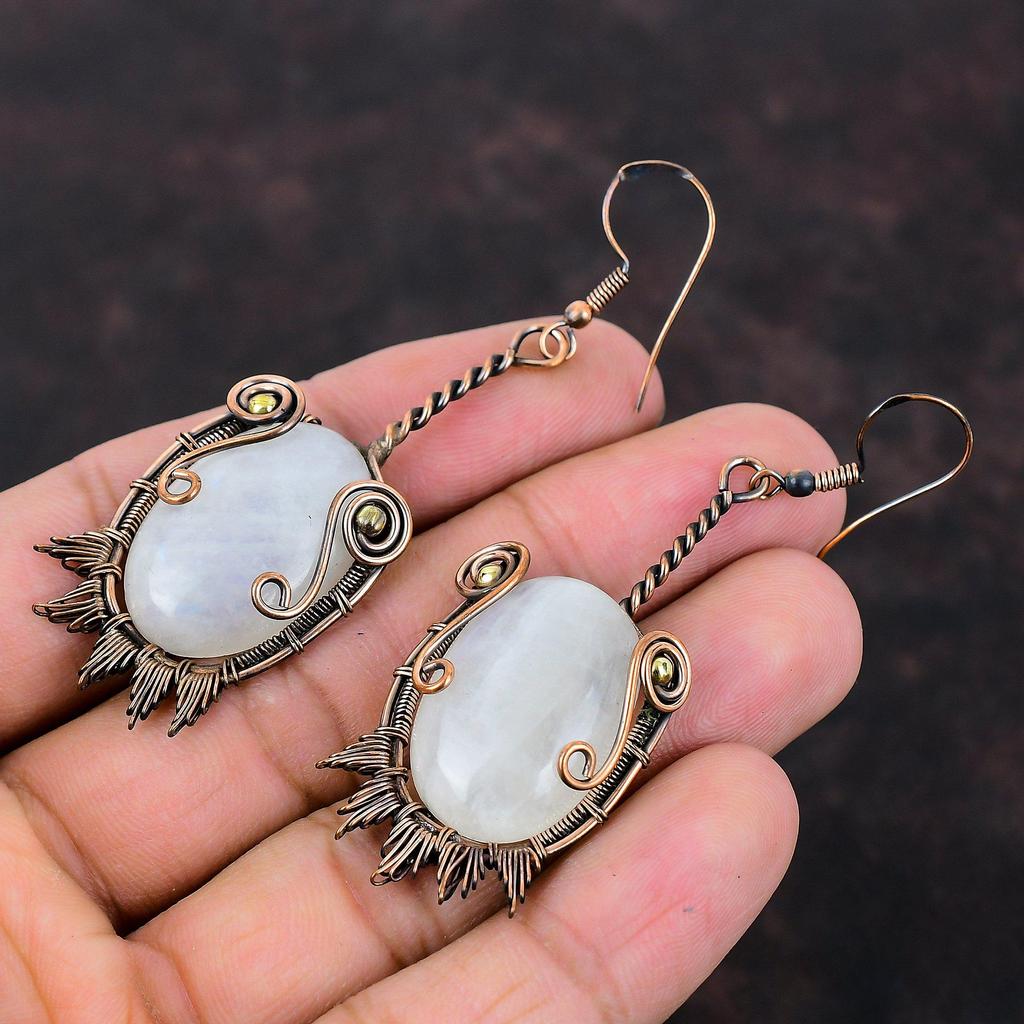 Серьги с радужным лунным камнем, обмотанные медной проволокой, серьги ручной работы, драгоценные камни, серьги из медной проволоки, подарок для нее, совершенно новые серьги