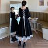 Elegant Vintage Dress Summer Balck Bandage Long Sleeve Lace Midi Dress Oversized French Palace Style Plus Size Robe
