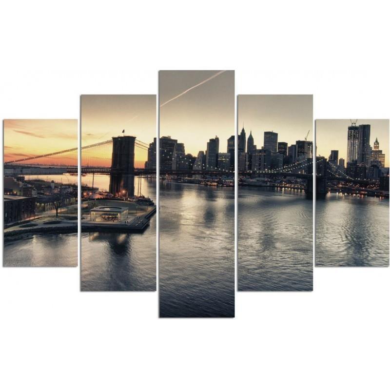 Feeby Five piece picture canvas print, Brooklyn bridge in new york