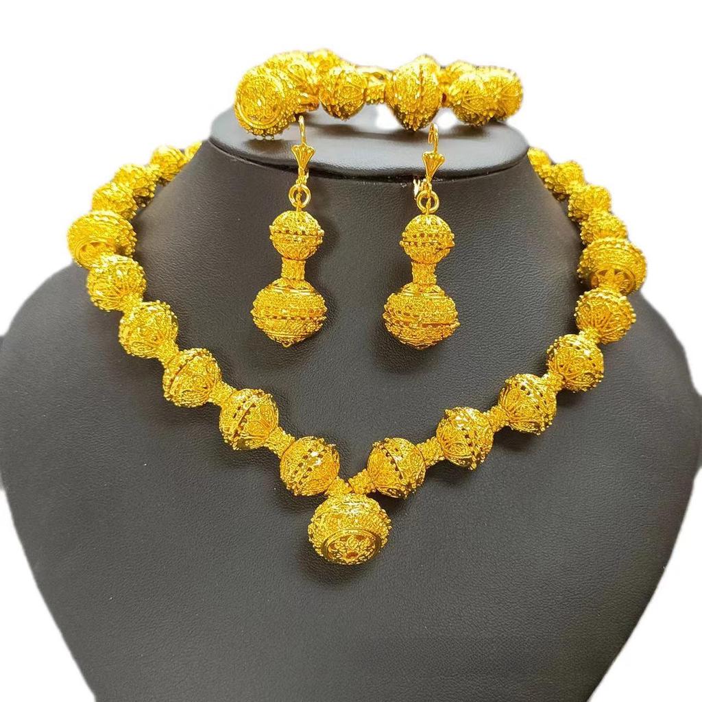 Комплект свадебных украшений из золота 24 карата в Дубае: Ожерелье, серьги, браслет, кольцо с круглым шариком из сплава