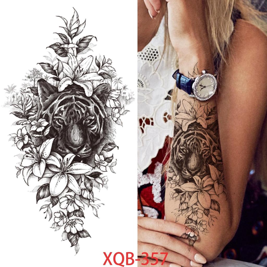 1 PC 210*114MM Cat Geometry Black Temporary Tattoos For Men Women Black Forest Skull Tiger Wolf Tattoo Sticker Evil Devil Arm Tattoo