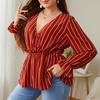 V-neck Striped Print Pullover Shirt for Women Long Ruffed Sleeve Peplum Loose Summer T-shirt Casual Commute Fashion Shirt Breathable Lightweight Shirt