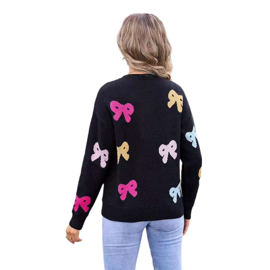 Осенне-зимний женский свитер с бантом, круглый вырез, длинный рукав, вязаный свитер