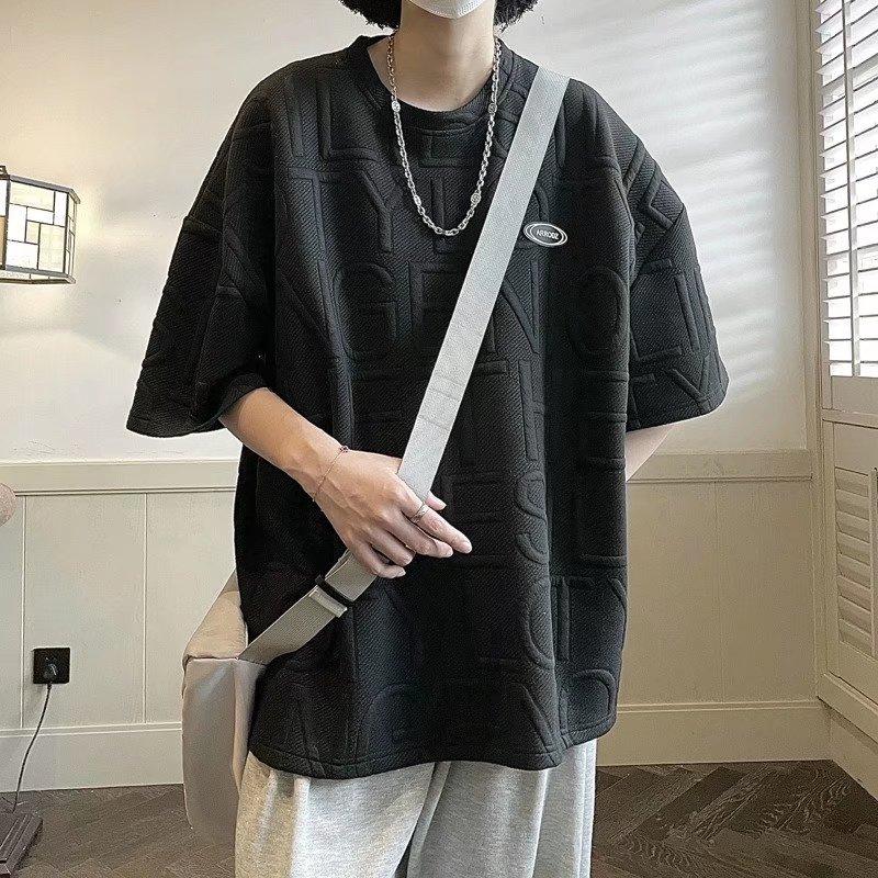 Новая вафельная футболка с коротким рукавом, мужская летняя корейская свободная повседневная футболка для мужчин, дышащий топ с половиной рукава, мужская гонконгская модная футболка с принтом