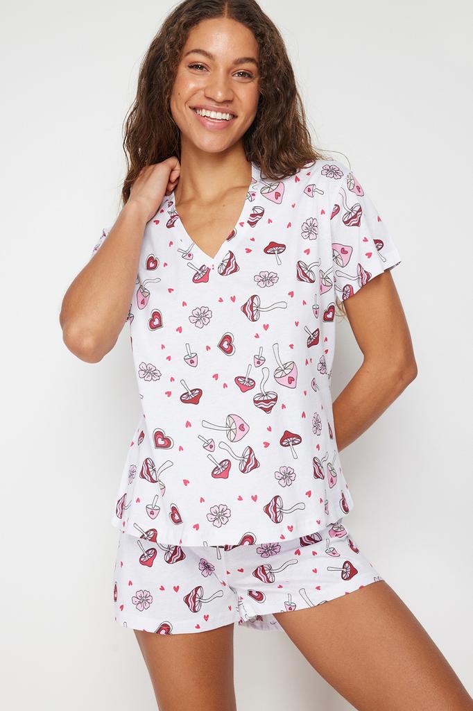 Women's Style Homewear Sleepwear White Multicolored 100% Cotton Fun Patterned Knitted Pajama Set