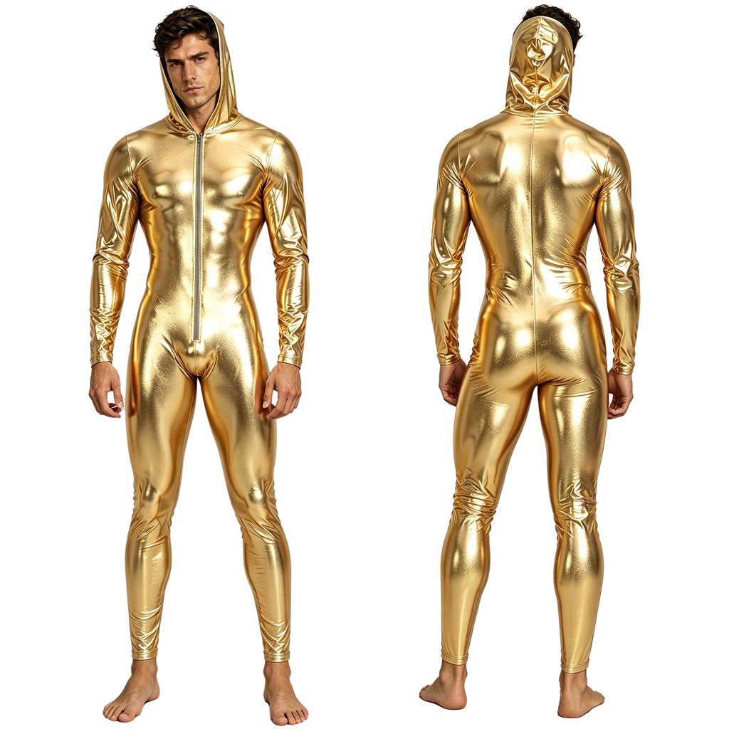 Mens Metallic Shiny Hooded Jumpsuit Long Sleeve Front Zip Up Leggings Tights Catsuit Hoodie Bodysuit