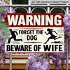 2D Flat 1pc Funny 'Beware of The Wife' Retro Metal Sign - 8x12 Inch Aluminium Wall Decor with Running Silhouette & Dog Warning, Rustic Red and Black