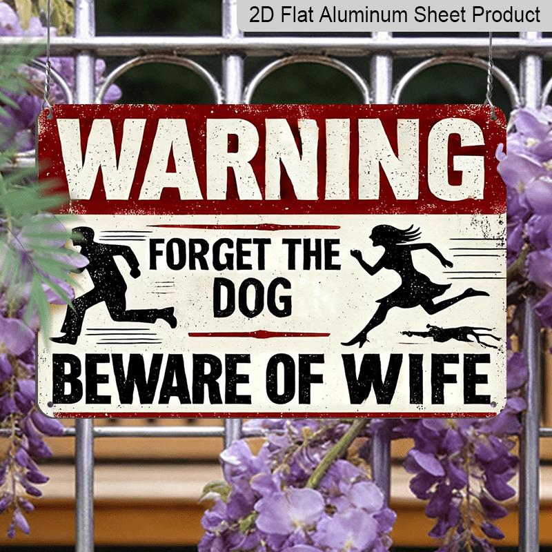 2D Flat 1pc Funny 'Beware of The Wife' Retro Metal Sign - 8x12 Inch Aluminium Wall Decor with Running Silhouette & Dog Warning, Rustic Red and Black