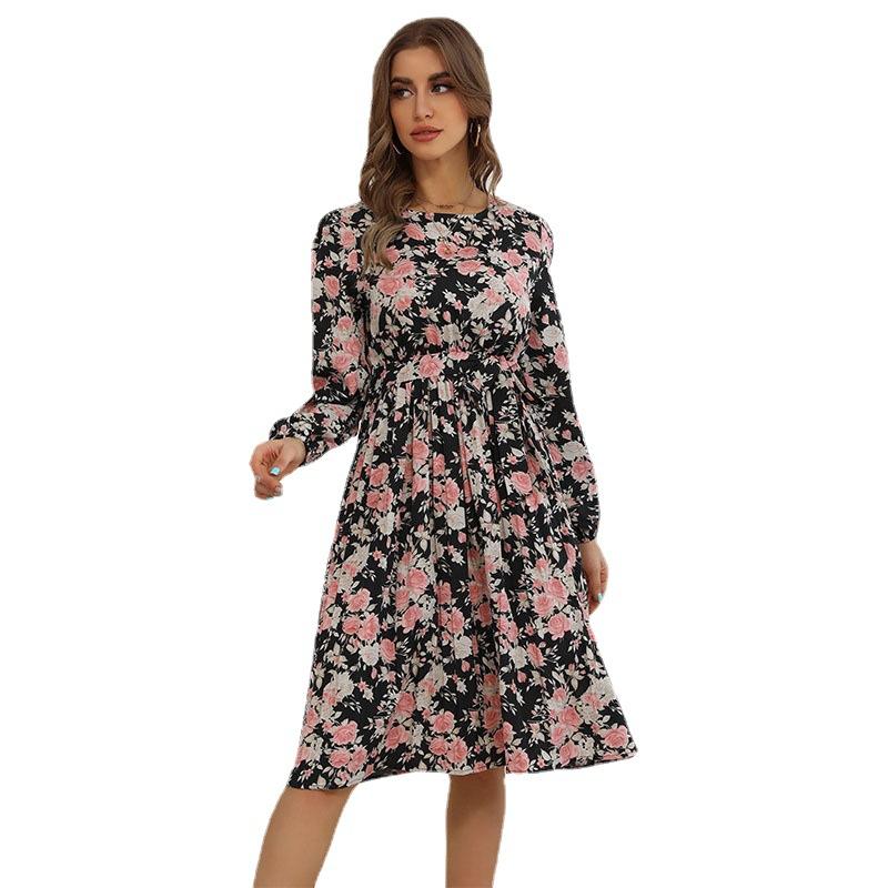 Темперамент и элегантность верхняя одежда мода женские шнуровка принт плиссированные короткие рукава длинный рукав платье осень