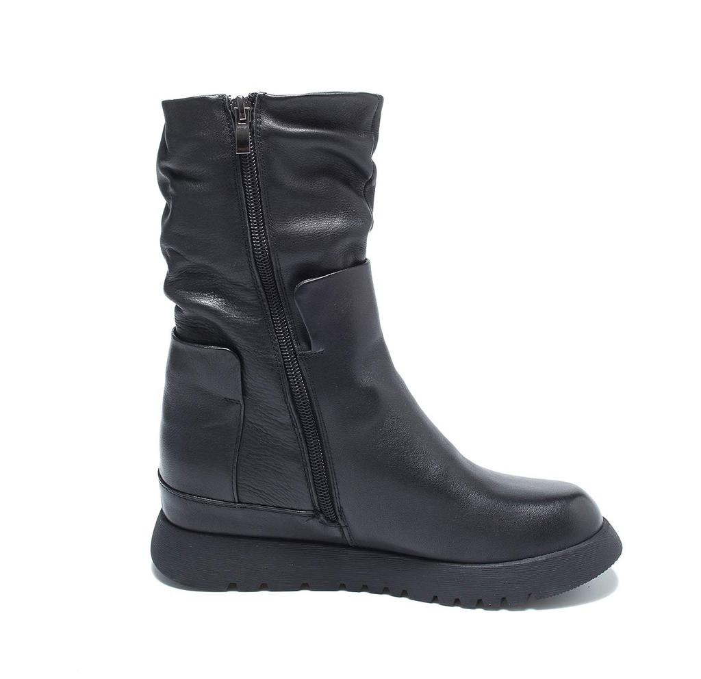 Короткие настоящие боковые толстые удобные для ходьбы [ZUYEE] Женские ботинки, кожа, молния, подошва, скрытый каблук, внутри, повседневные, черные, 23.5см