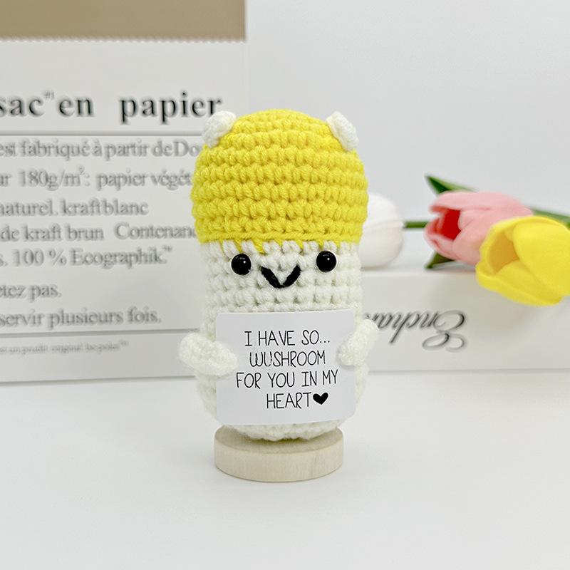 New Positive Crochet Headset Potato Doll with Card for Cheer Up Gifts and Party Decor Handmade Knitted Pencil Doll Desk Ornament