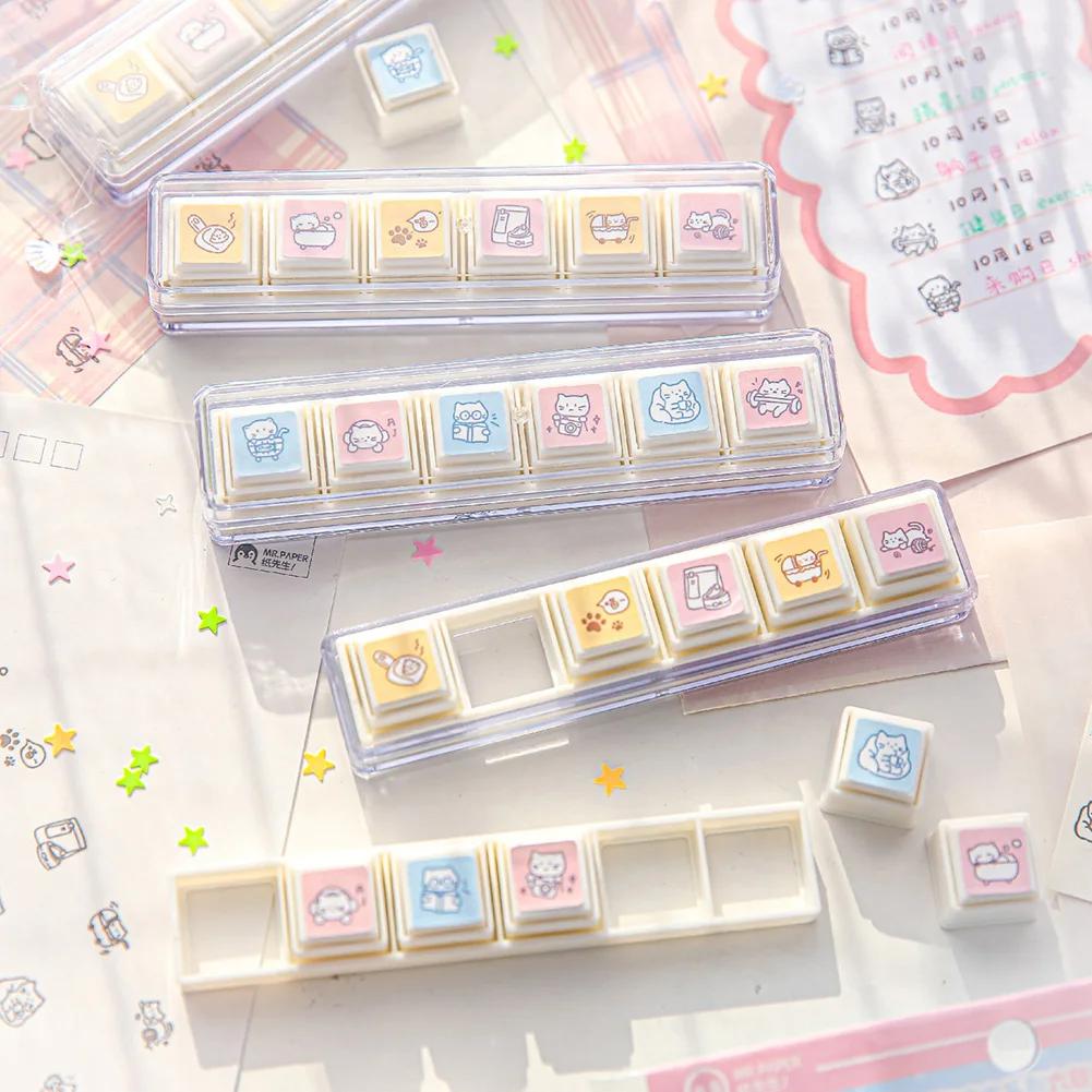 DIY Scrapbooking Journal Diary Decoration Gift 6Pcs Cute Sweet Dream Diary Series Universal Cartoon Cat Stamp Seal Set