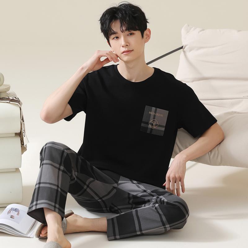 Summer Men's Pajamas Short Sleeves Long Pants Pijamas Suits Thin Sleepwear Can Be Worn Outside Cotton Home Wear Sports Pyjama