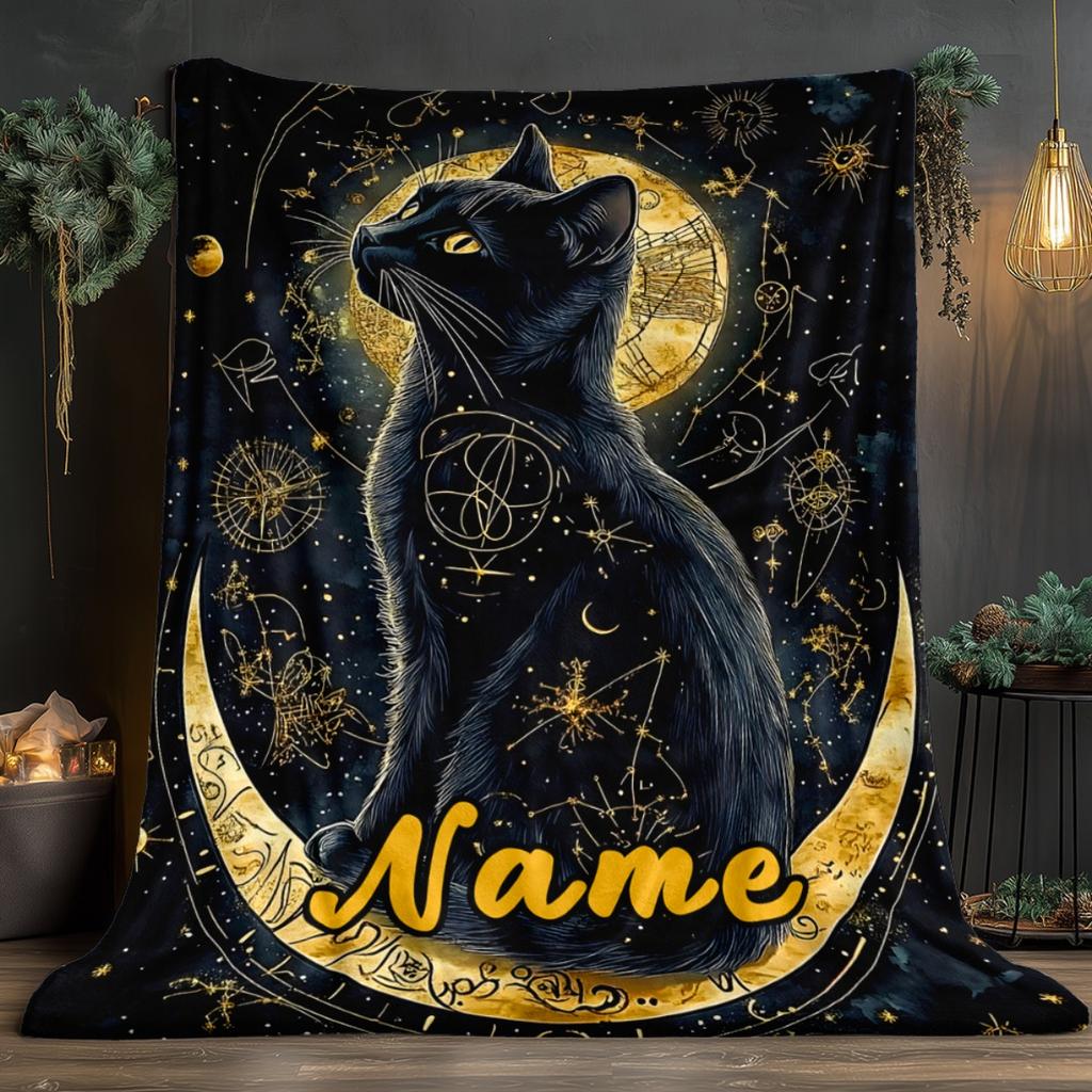 Black Cat On Moon Flannel Throw Blanket Celestial Witchy Star Constellation Cat Blanket