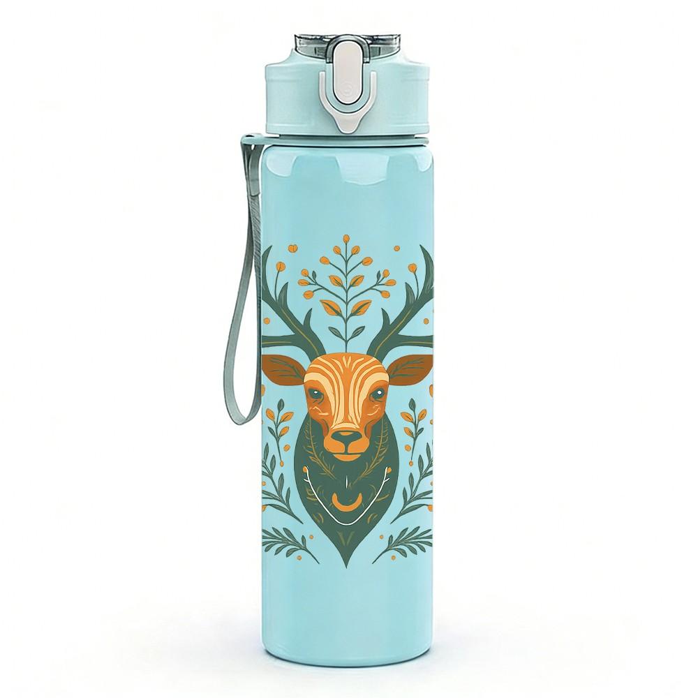 1PC Folk Style Deer Head Art 750ml Color Plastic Sports Water Bottle Leakproof Flip Straw Lid Suitable for Sports Office Home Use