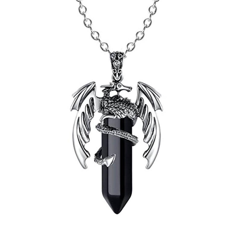 Natural Crystal Animal Dragon Pendant Pterosaur Necklace Women Men Stainless Steel Chain Hexagonal Raw Quartz Lucky Jewelry Gift