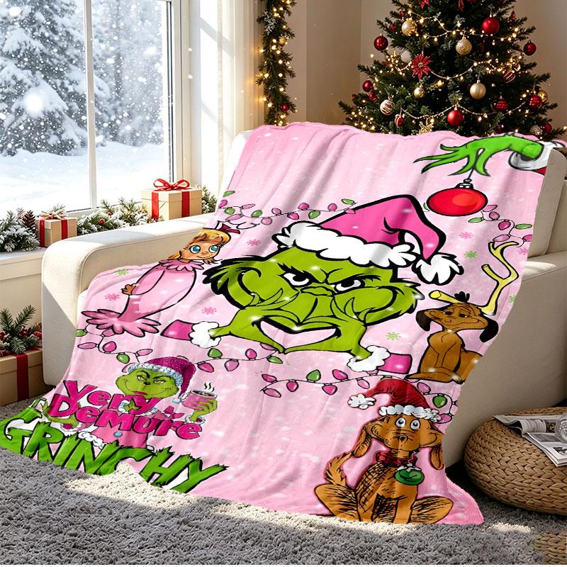 The Grinch Pattern Blanket for Home Decoration, Bed, Sofa, Car Travel, Camping, Suitable for All Seasons, Birthday Christmas Gift
