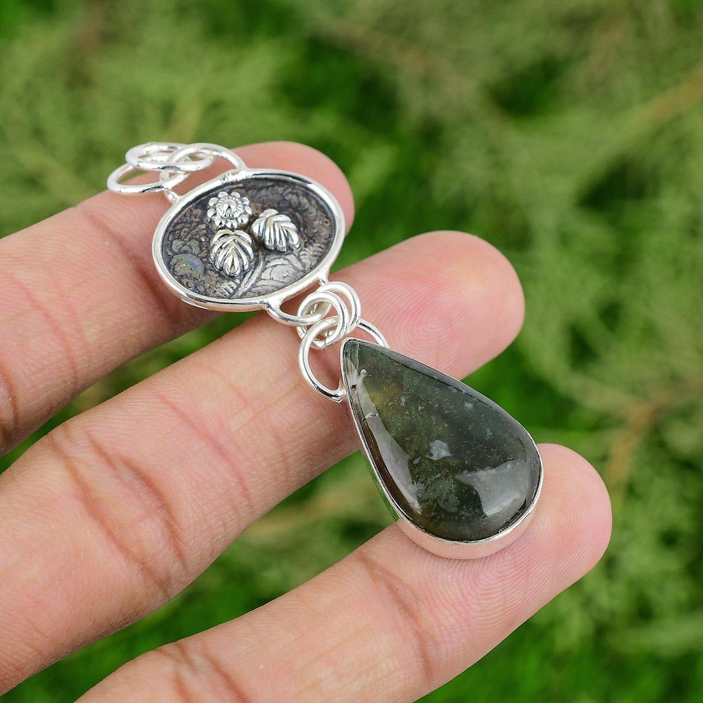 Daughters Day Deal Pear Solar Moss Agate Gemstone 925 Sterling Silver Pendant