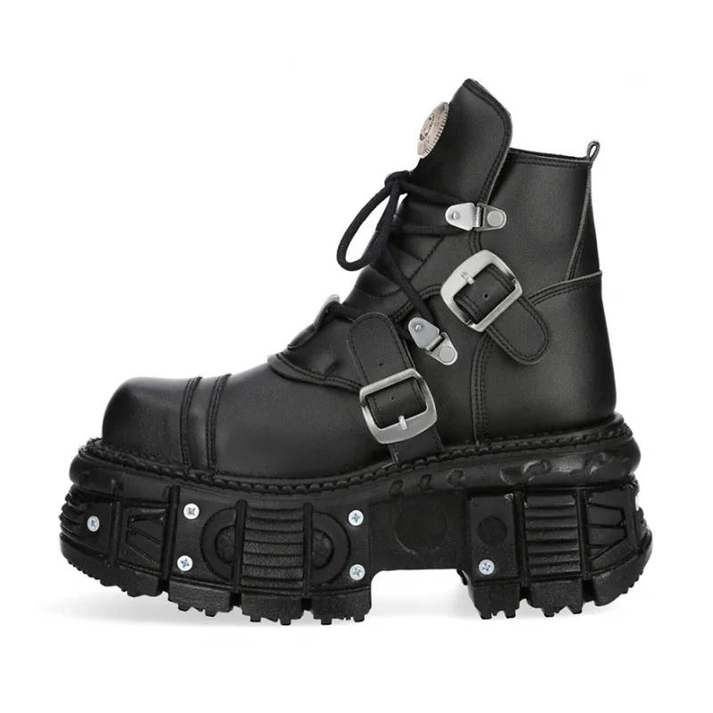 2025 Новые Ботинки Панк из Натуральной Кожи на Танкетке Короткие Ботинки Толстая Подошва Пряжка Шнуровка Уличные Мотоботы