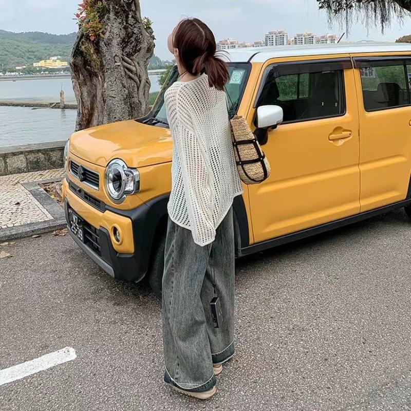 IHUASU Женская ажурная трикотажная блуза на лето и осень, простой свободный повседневный топ, ленивая ветрозащитная рубашка от солнца