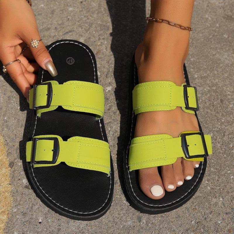 Женская обувь 2024 года, британский стиль, новые женские тапочки, летние тапочки на плоской подошве, женские повседневные пляжные тапочки с римской пряжкой, женские тапочки