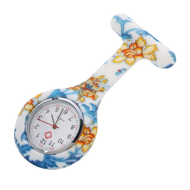 Часы-клипса с круглым силиконовым ремешком-брошью для медсестры унисекс с цветочным принтом на лацкане