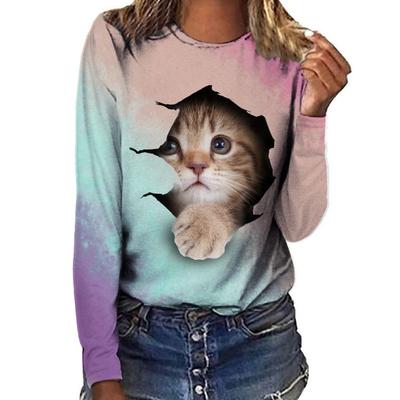 Футболка с длинными рукавами и принтом в виде цветного кота с цифровым 3D-принтом для женщин, модная футболка с круглым вырезом, большой размер