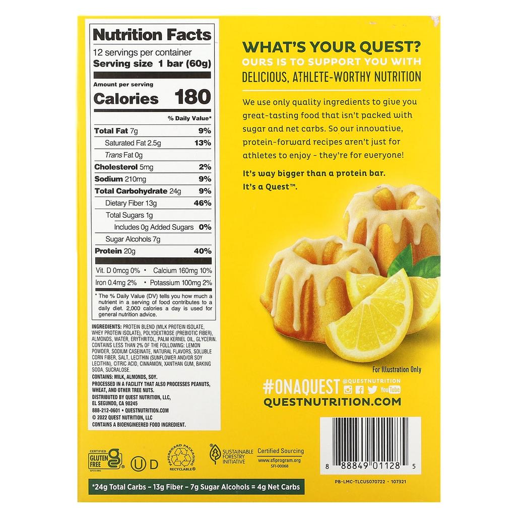 Quest Nutrition, Протеиновый батончик, Лимонный пирог, 12 батончиков, 60 г (2,12 унции) каждый