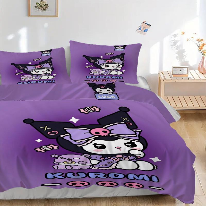 3 шт. Набор постельного белья с принтом Kuromi Sanrio 'Удача' (1 Пододеяльник + 2 Наволочки, Без Наполнителей), Мягкий и удобный W058