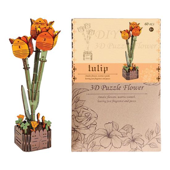 3D Wooden Flower Puzzle Kit for Adults DIY Botanical Bouquet Building Set Wood Sunflower/Rose Floral Craft Kit for Stress Relief Mother's Day