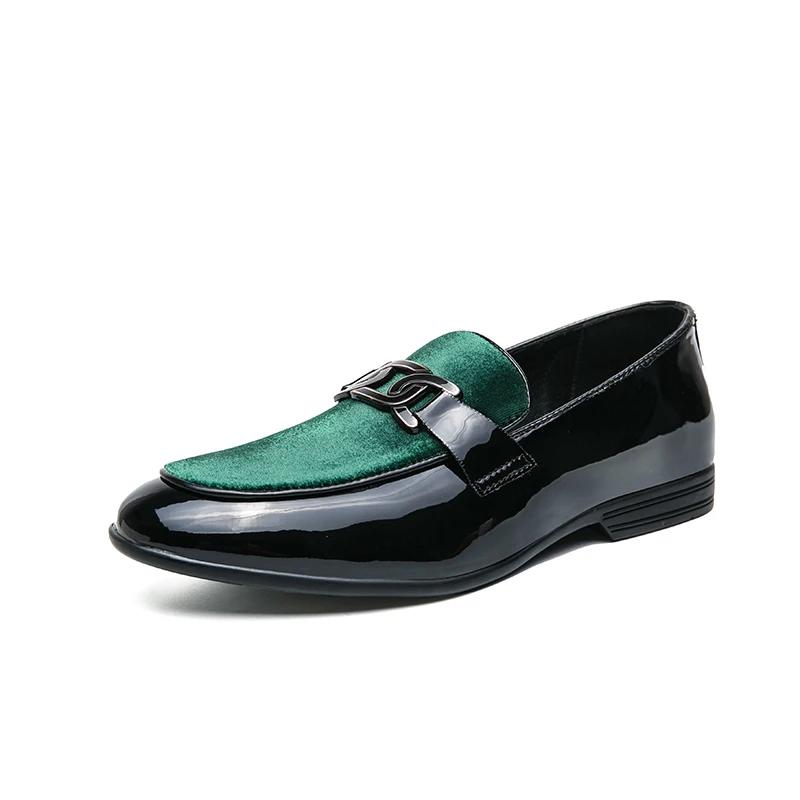 Luxury Brand Men's Shiny Leather Shoes Corduroy Pointed High-end Green Business Flat Shoes Wedding Dress Shoes for Men's