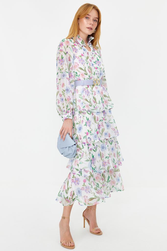 Women's Hijab Dress New Season Fashion Blue Belted Lined Chiffon Floral Woven Dress