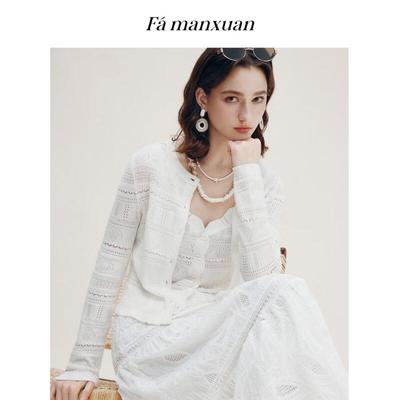 FAMANXUAN Французский ретро ажурный жаккардовый вязаный кардиган