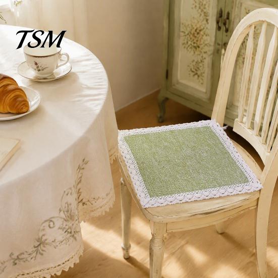 Solid Wood Chair Mat Cotton Linen Pad with Ties, Square Summer Seat Lace Trim, 15.75" x Breathable Washable for Dining Office Retro
