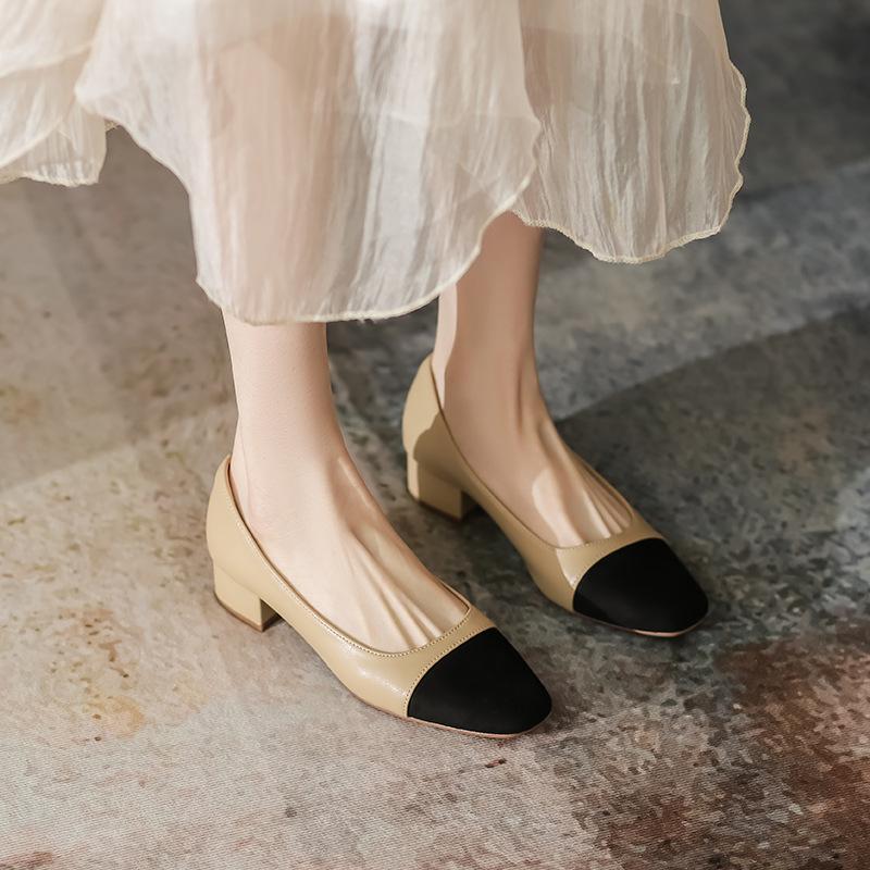 Модные кожаные туфли-лодочки на толстом каблуке, женские, лето 2025, новая коллекция, средний каблук, с открытым вырезом, на мягкой подошве, черные, на высоком каблуке