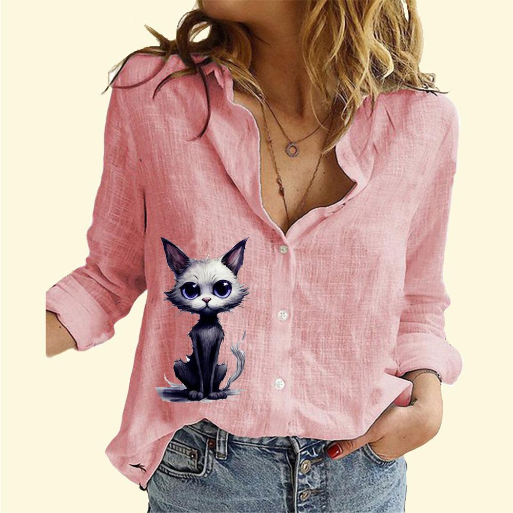 Women Fashion Buttoned Shirt Casual Thin Long Sleeve Top Ladies Cotton Linen Cat Print Shirt