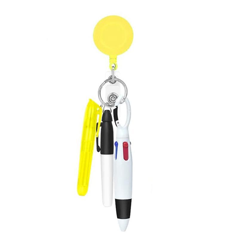 Retractable Badge Reel Pen Set with Highlighter 3-in-1 Ballpoint Pen Portable Multifunctional Stationery for Nurses Office Workers