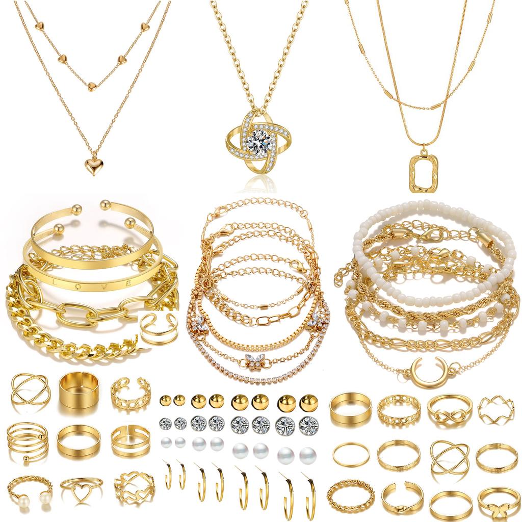 44 Pcs Gold Plated Jewelry Set for Women, Necklace Bracelet Earrings Rings Multicolor Fashion Accessories Gift Box
