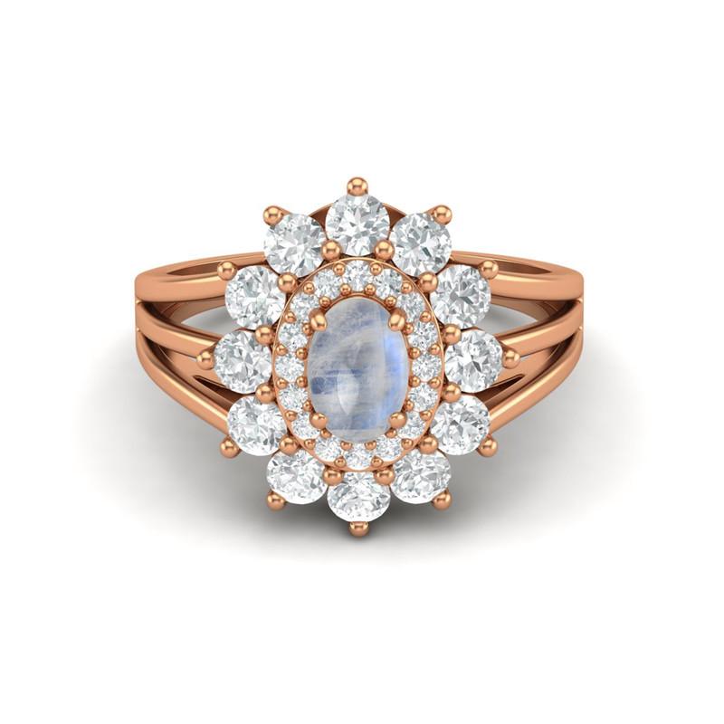6X4MM Oval Moonstone Gemstone 925 Sterling Silver Rose Plated Halo Split Shank Ring