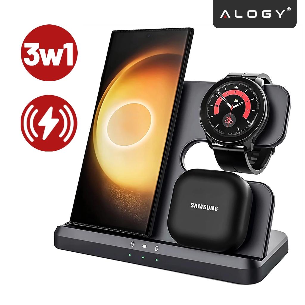 3-in-1 Qi 3.0 Wireless Inductive Charger Fast for Samsung S22 S23 S24 S25 Galaxy Watch Buds Station Black