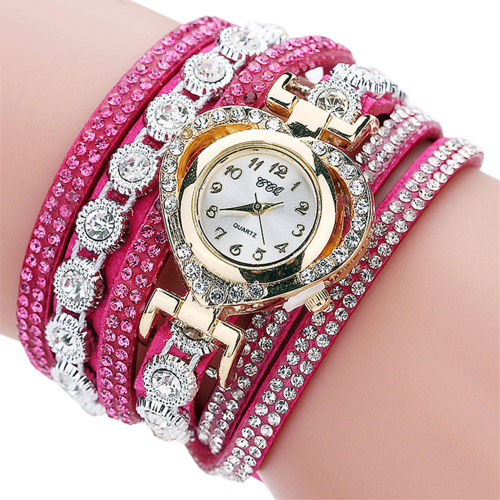 Leather Women Fashion Casual Decor Round Rhinestone Bracelet Watch